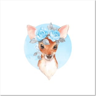 Fawn and blue roses Posters and Art